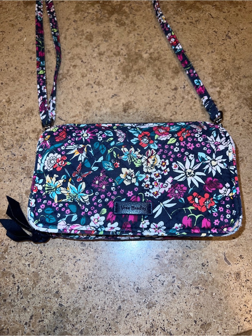 Vintage Vera Bradley Black Multi Floral Crossbody Wallet
